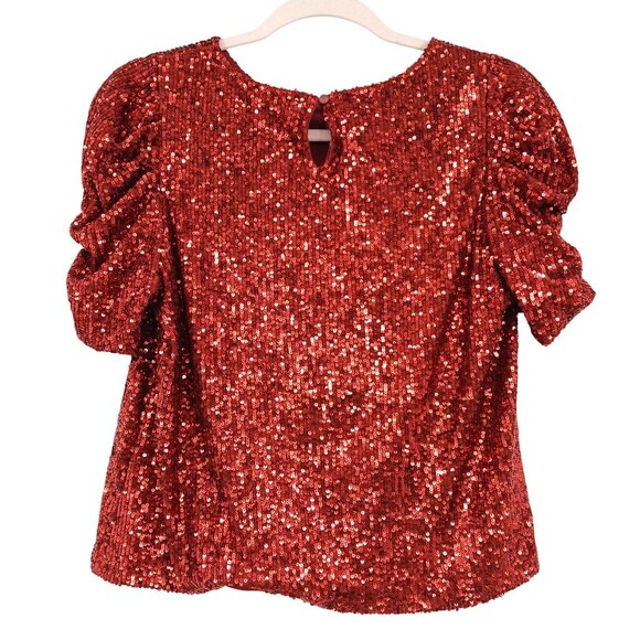 Rachel Zoe Sequin Puff Sleeve Top Womens Small Copper Rust - Picture 2 of 9